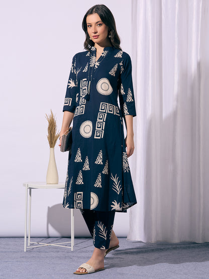 Ethnic Floral Printed A-Line Flared Kurta with Pant - Navy Blue
