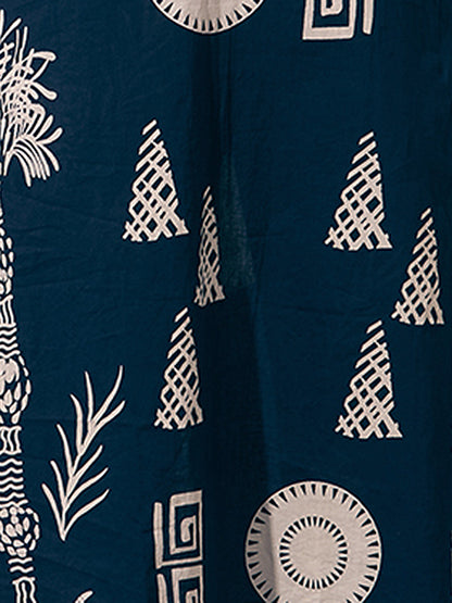 Ethnic Floral Printed A-Line Flared Kurta with Pant - Navy Blue