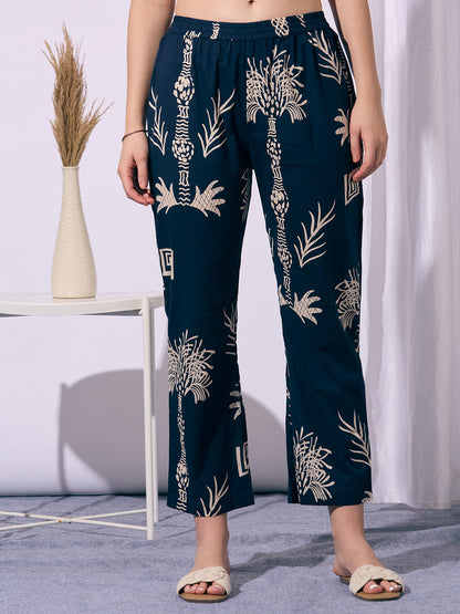 Ethnic Floral Printed A-Line Flared Kurta with Pant - Navy Blue