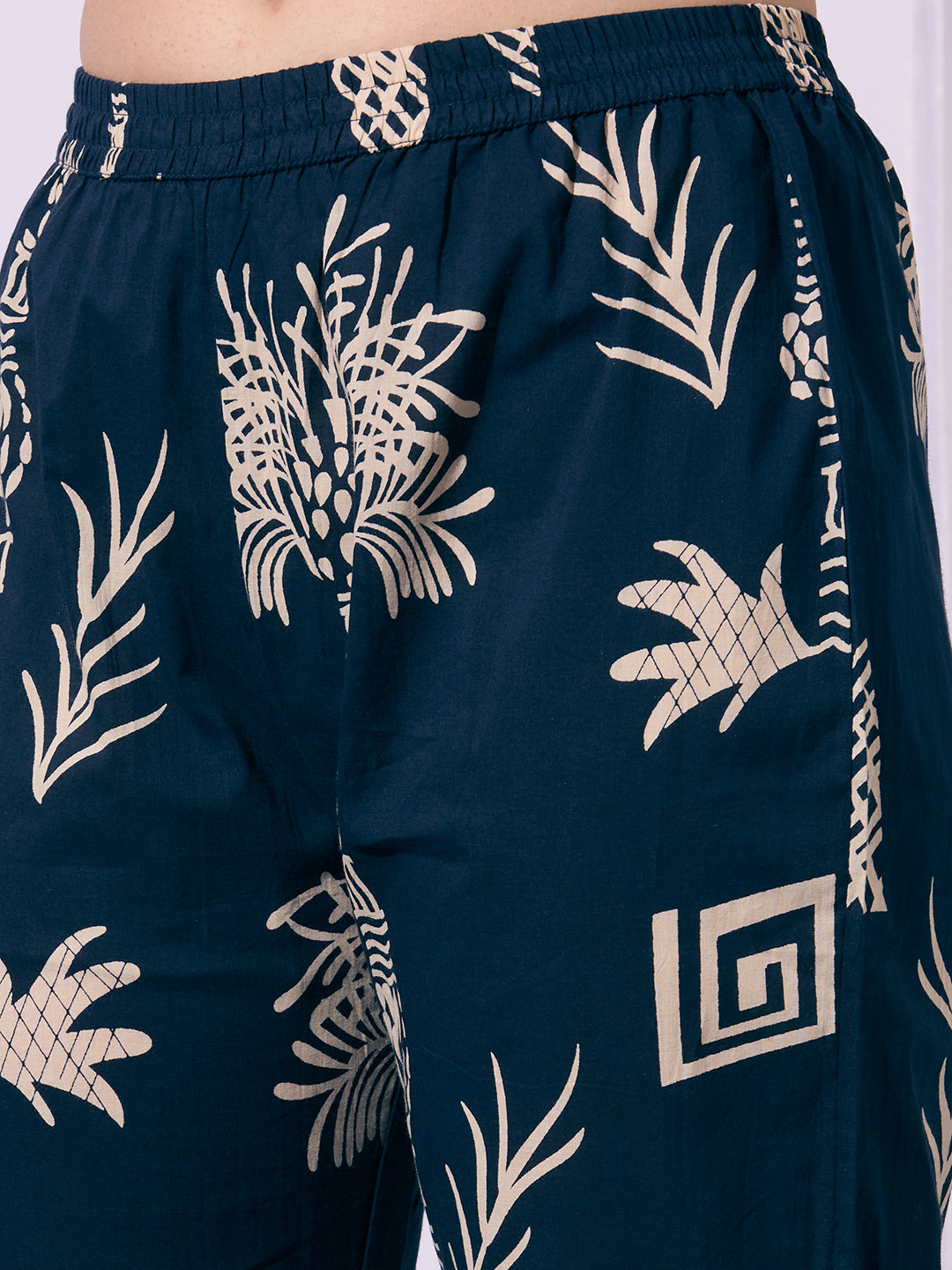 Ethnic Floral Printed A-Line Flared Kurta with Pant - Navy Blue