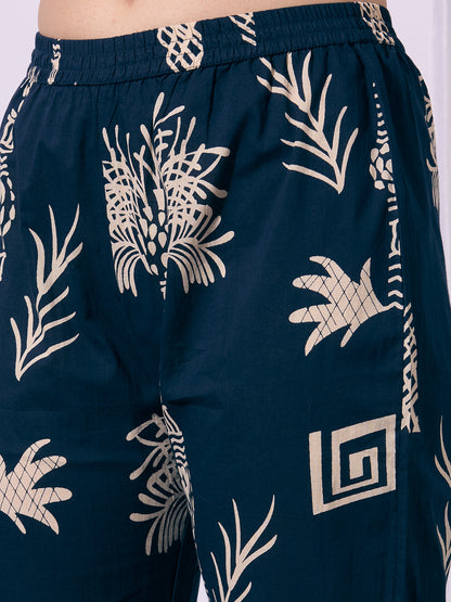 Ethnic Floral Printed A-Line Flared Kurta with Pant - Navy Blue