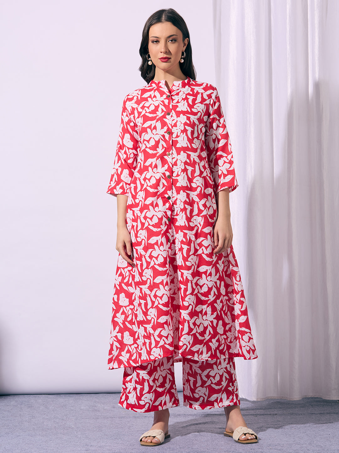 Abstract Floral Printed A-Line Co-ord Set - Red