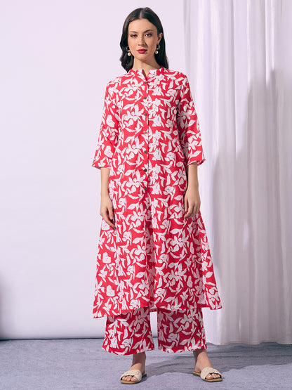 Abstract Floral Printed A-Line Co-ord Set - Red