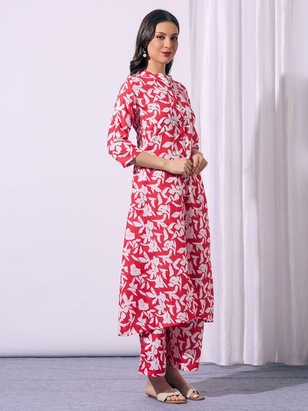 Abstract Floral Printed A-Line Co-ord Set - Red