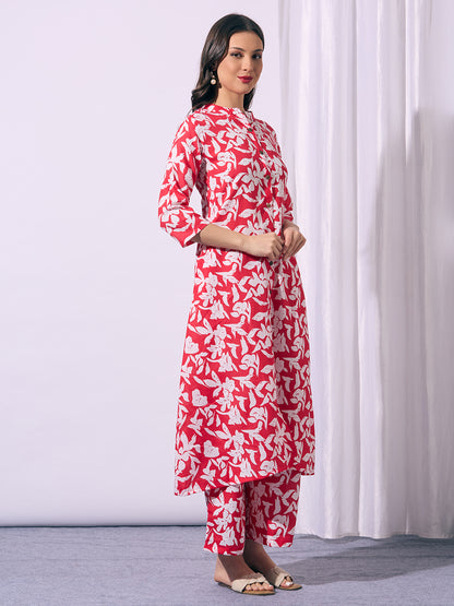 Abstract Floral Printed A-Line Co-ord Set - Red
