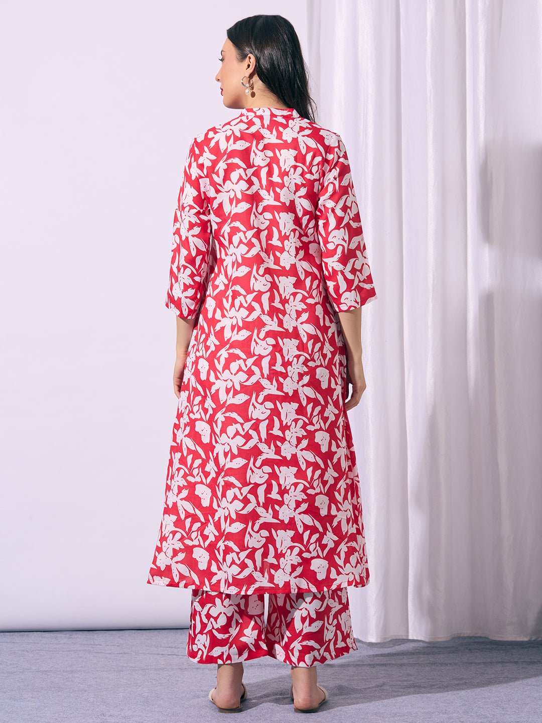 Abstract Floral Printed A-Line Co-ord Set - Red