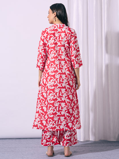 Abstract Floral Printed A-Line Co-ord Set - Red