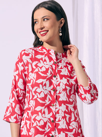 Abstract Floral Printed A-Line Co-ord Set - Red