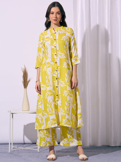 Abstract Floral Printed A-Line Co-ord Set - Yellow