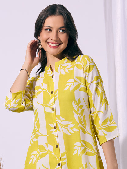 Abstract Floral Printed A-Line Co-ord Set - Yellow