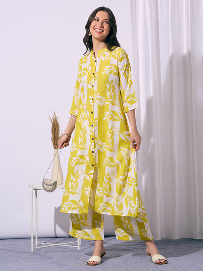 Abstract Floral Printed A-Line Co-ord Set - Yellow