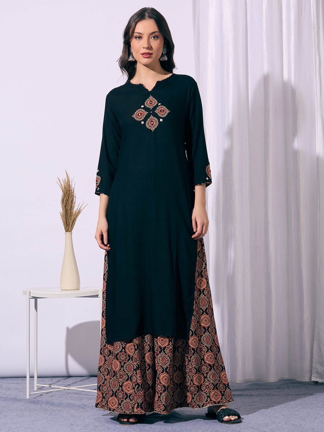 Solid Straight Cut Kurta with Ajrakh Printed Flared Palazzo - Black