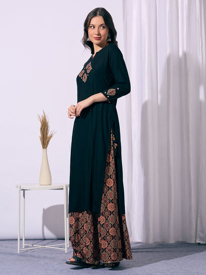 Solid Straight Cut Kurta with Ajrakh Printed Flared Palazzo - Black