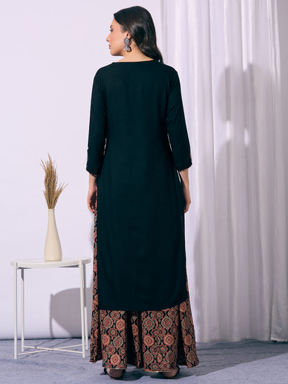 Solid Straight Cut Kurta with Ajrakh Printed Flared Palazzo - Black