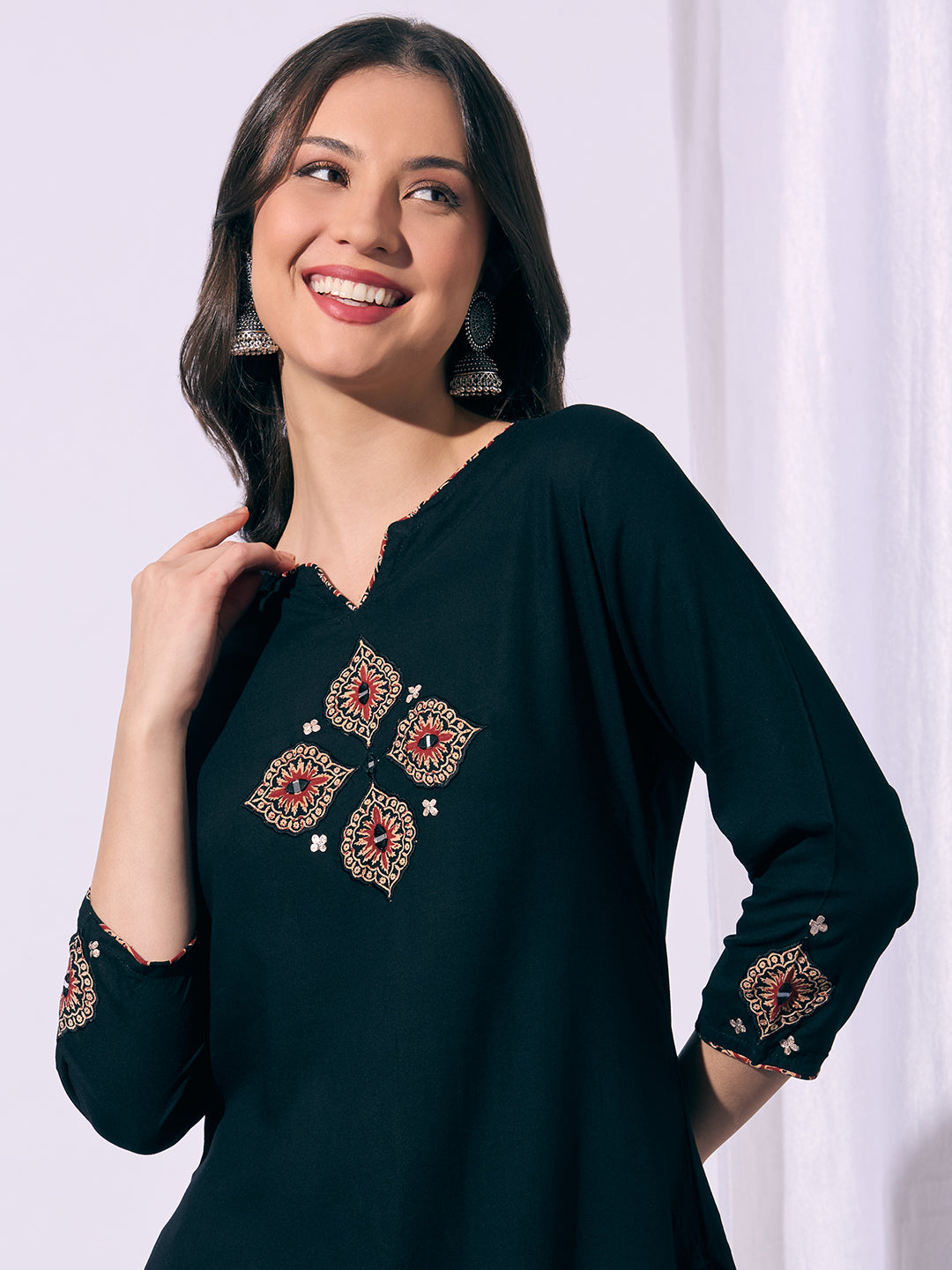 Solid Straight Cut Kurta with Ajrakh Printed Flared Palazzo - Black
