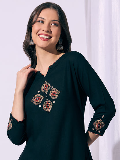 Solid Straight Cut Kurta with Ajrakh Printed Flared Palazzo - Black