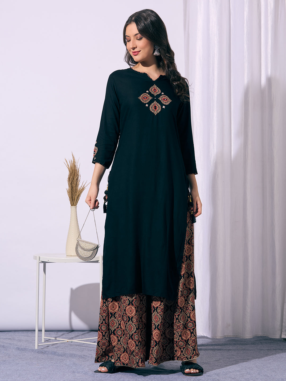 Solid Straight Cut Kurta with Ajrakh Printed Flared Palazzo - Black