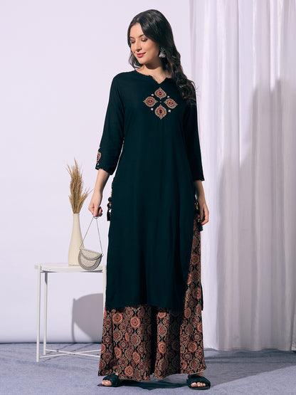 Solid Straight Cut Kurta with Ajrakh Printed Flared Palazzo - Black