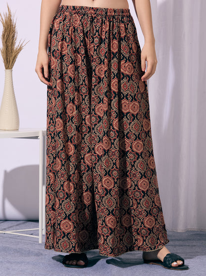 Solid Straight Cut Kurta with Ajrakh Printed Flared Palazzo - Black