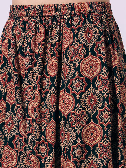 Solid Straight Cut Kurta with Ajrakh Printed Flared Palazzo - Black