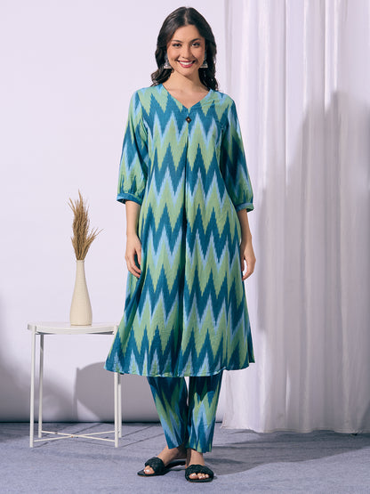 Ethnic Ikat Printed A-Line Flared Co-ord Set - Multi
