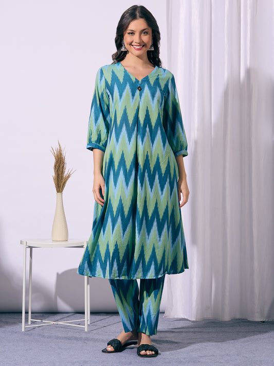 Ethnic Ikat Printed A-Line Flared Co-ord Set - Multi