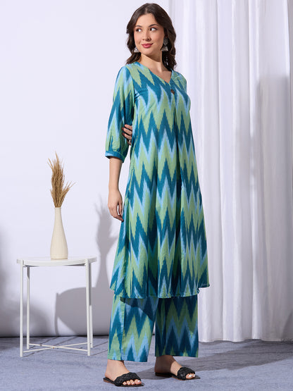Ethnic Ikat Printed A-Line Flared Co-ord Set - Multi
