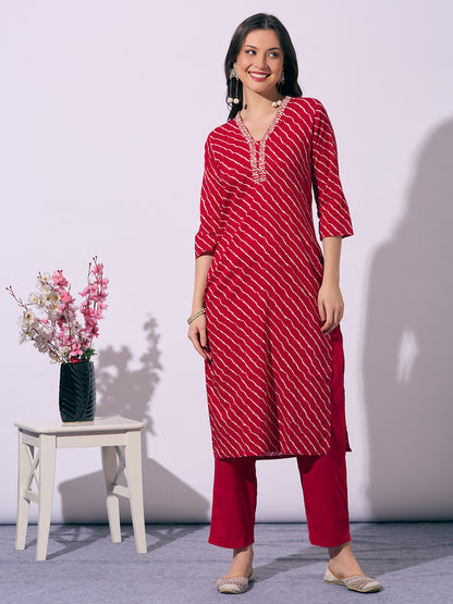 Leheriya Printed Embroidered Straight Fit Kurta with Pant - Red