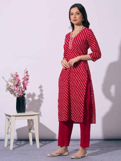 Leheriya Printed Embroidered Straight Fit Kurta with Pant - Red