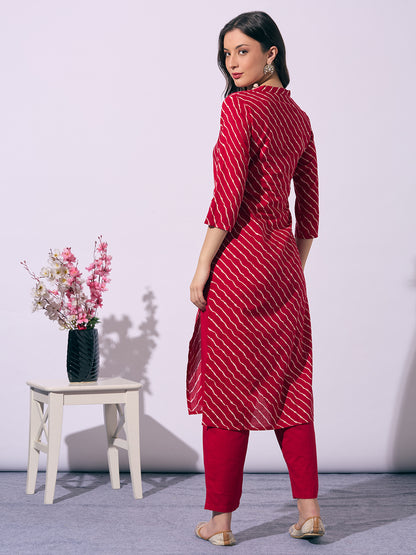 Leheriya Printed Embroidered Straight Fit Kurta with Pant - Red