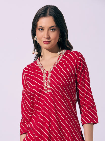 Leheriya Printed Embroidered Straight Fit Kurta with Pant - Red