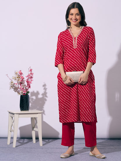 Leheriya Printed Embroidered Straight Fit Kurta with Pant - Red