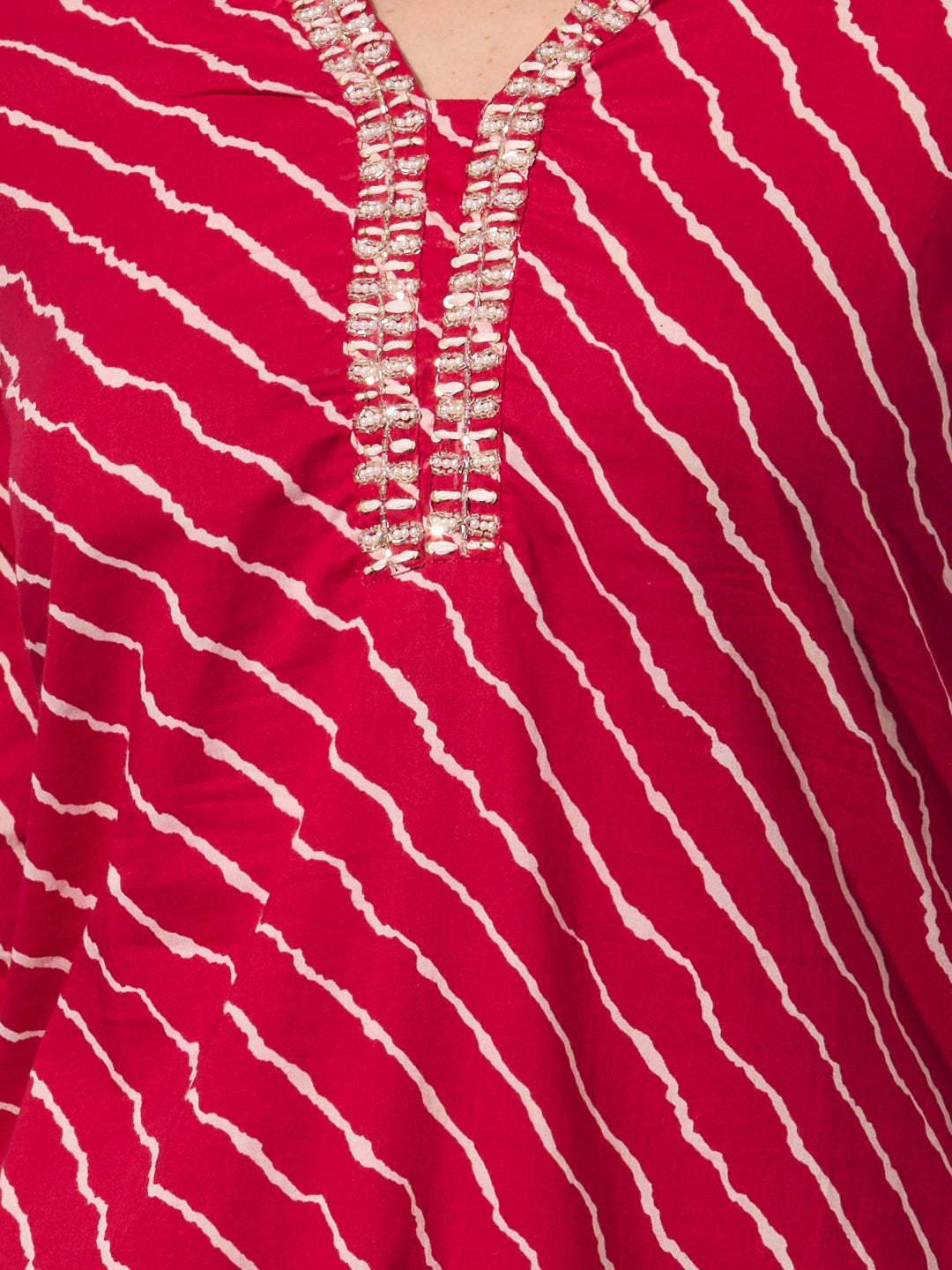 Leheriya Printed Embroidered Straight Fit Kurta with Pant - Red