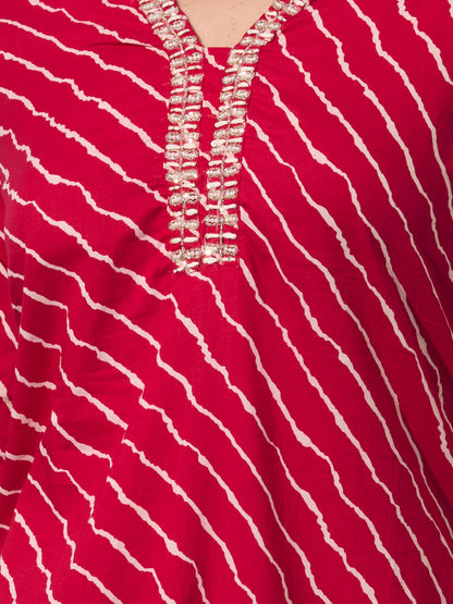 Leheriya Printed Embroidered Straight Fit Kurta with Pant - Red