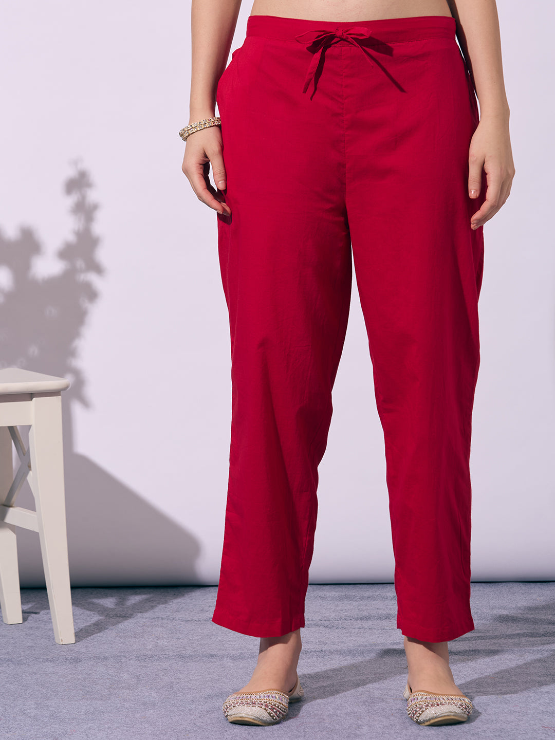 Leheriya Printed Embroidered Straight Fit Kurta with Pant - Red