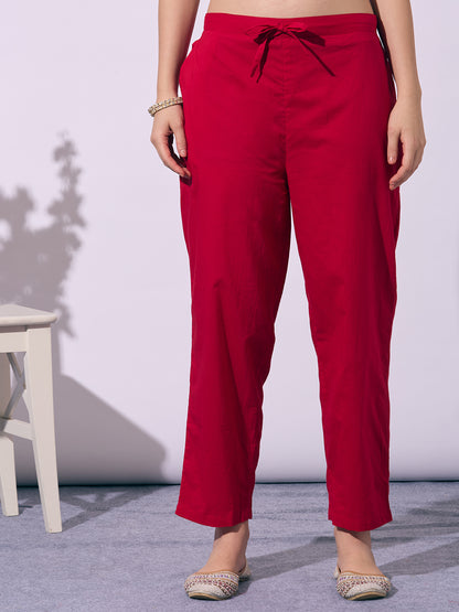 Leheriya Printed Embroidered Straight Fit Kurta with Pant - Red