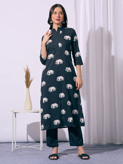 Ethnic Elephant Printed A-Line Kurta with Pant - Black
