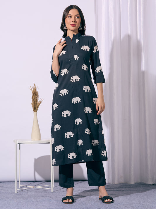 Ethnic Elephant Printed A-Line Kurta with Pant - Black