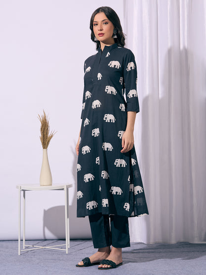 Ethnic Elephant Printed A-Line Kurta with Pant - Black
