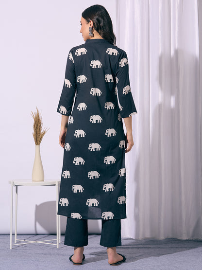 Ethnic Elephant Printed A-Line Kurta with Pant - Black