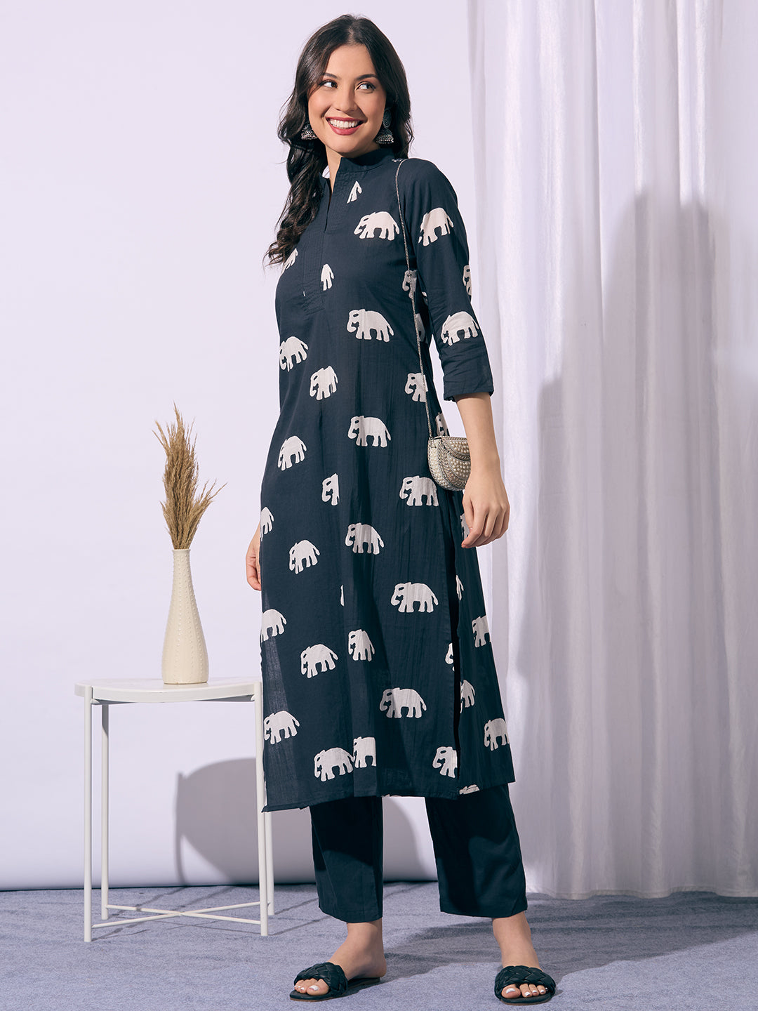 Ethnic Elephant Printed A-Line Kurta with Pant - Black