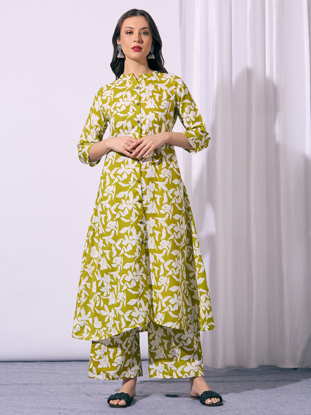 Abstract Floral Printed A-Line Co-ord Set - Green