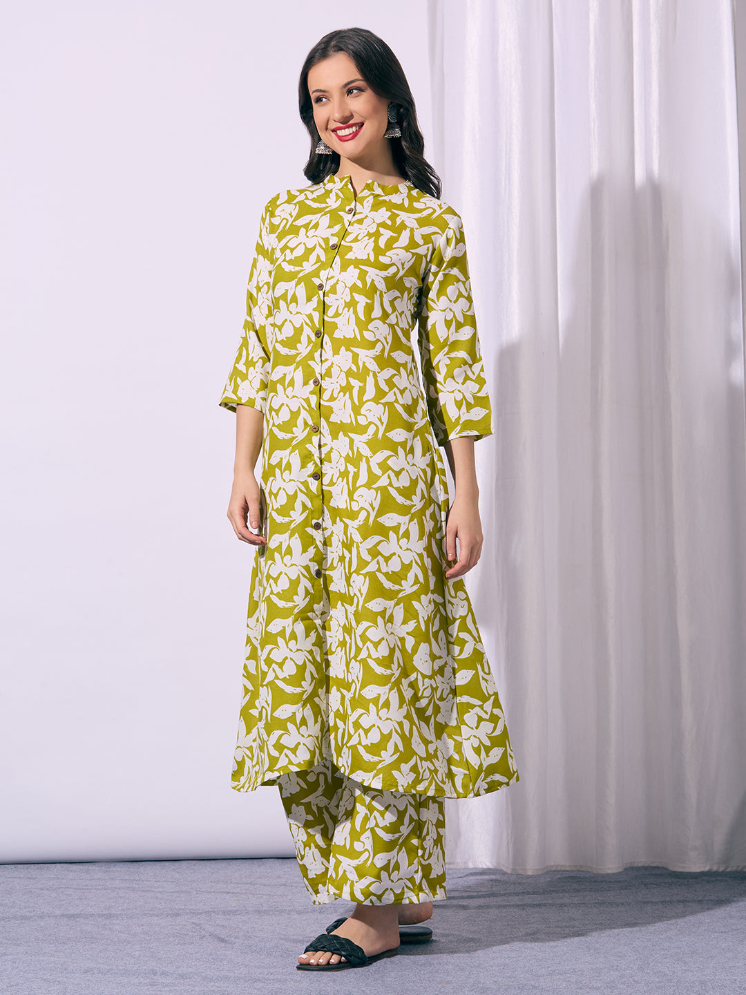 Abstract Floral Printed A-Line Co-ord Set - Green
