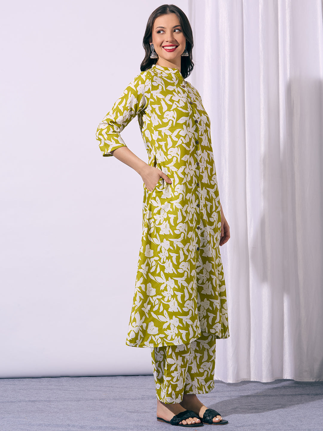 Abstract Floral Printed A-Line Co-ord Set - Green