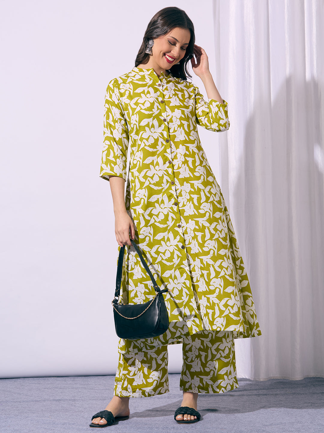 Abstract Floral Printed A-Line Co-ord Set - Green