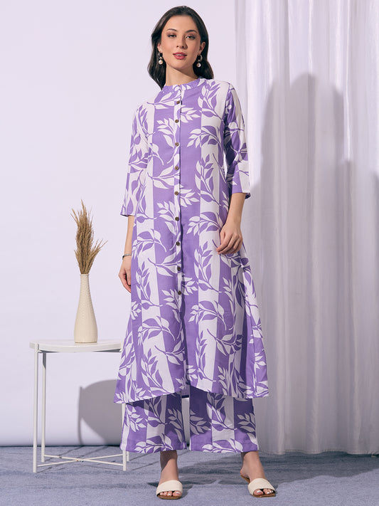Abstract Floral Printed A-Line Flared Co-ord Set - Purple
