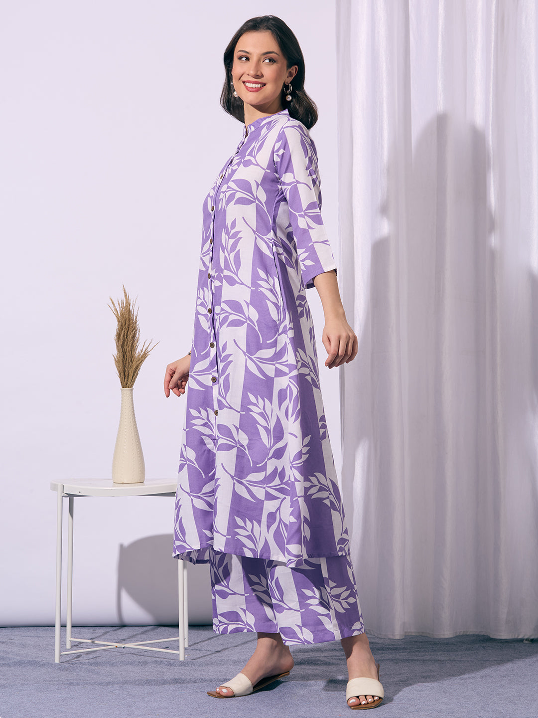Abstract Floral Printed A-Line Flared Co-ord Set - Purple