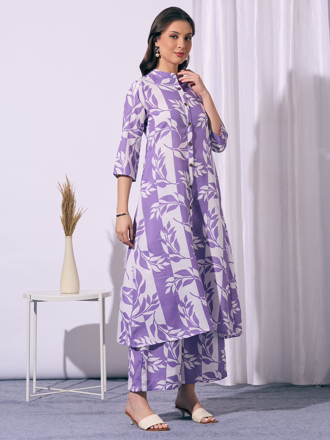 Abstract Floral Printed A-Line Flared Co-ord Set - Purple