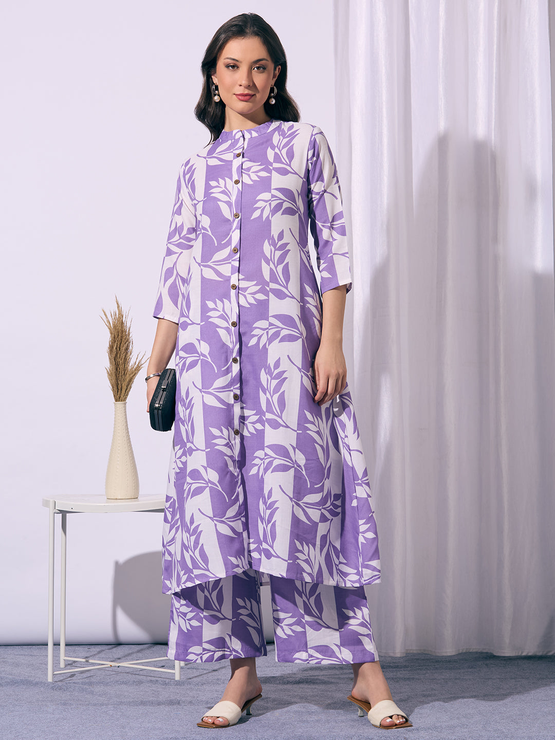 Abstract Floral Printed A-Line Flared Co-ord Set - Purple