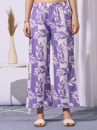 Abstract Floral Printed A-Line Flared Co-ord Set - Purple